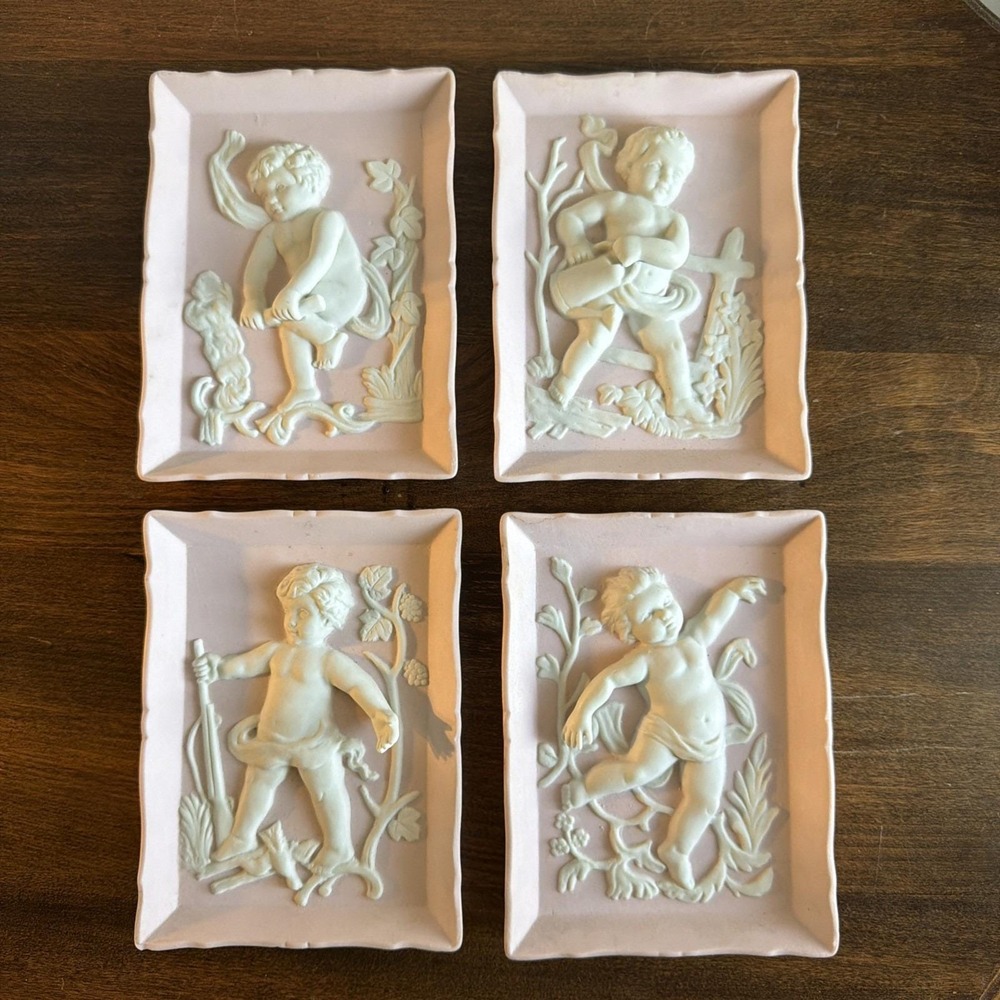 Full set of 4 Vintage Bisque wall plaques with white cherubs - Andrea by Sadek